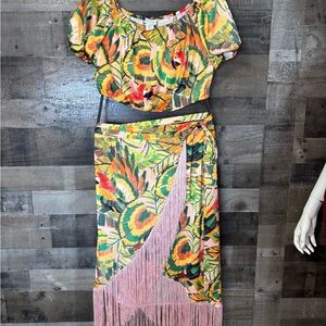 cupcakes & cashmere Tropical Fringe Maxi Skirt in Yellow, Green & Pink